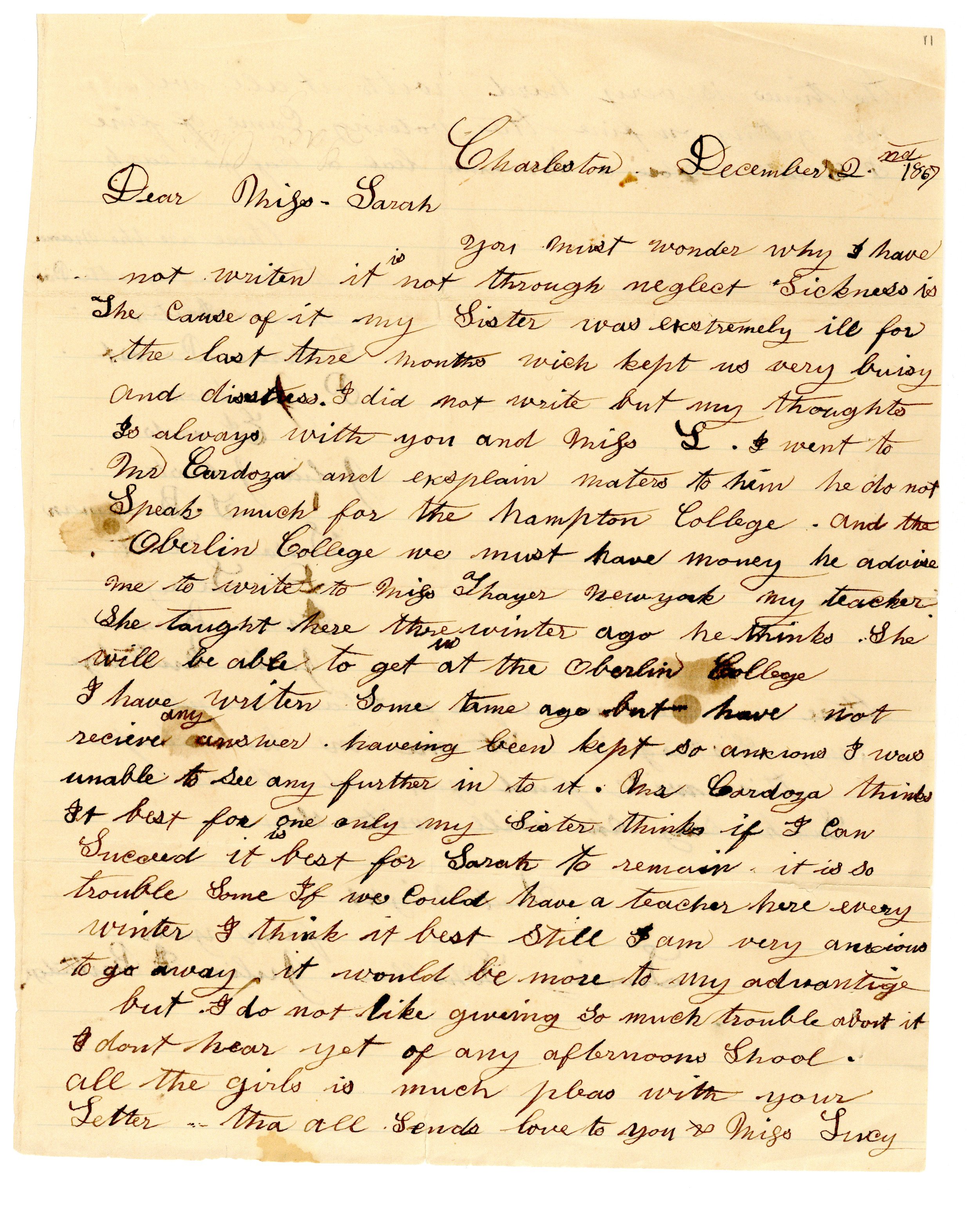 First page of Julia A. Rutledge letter, 1867