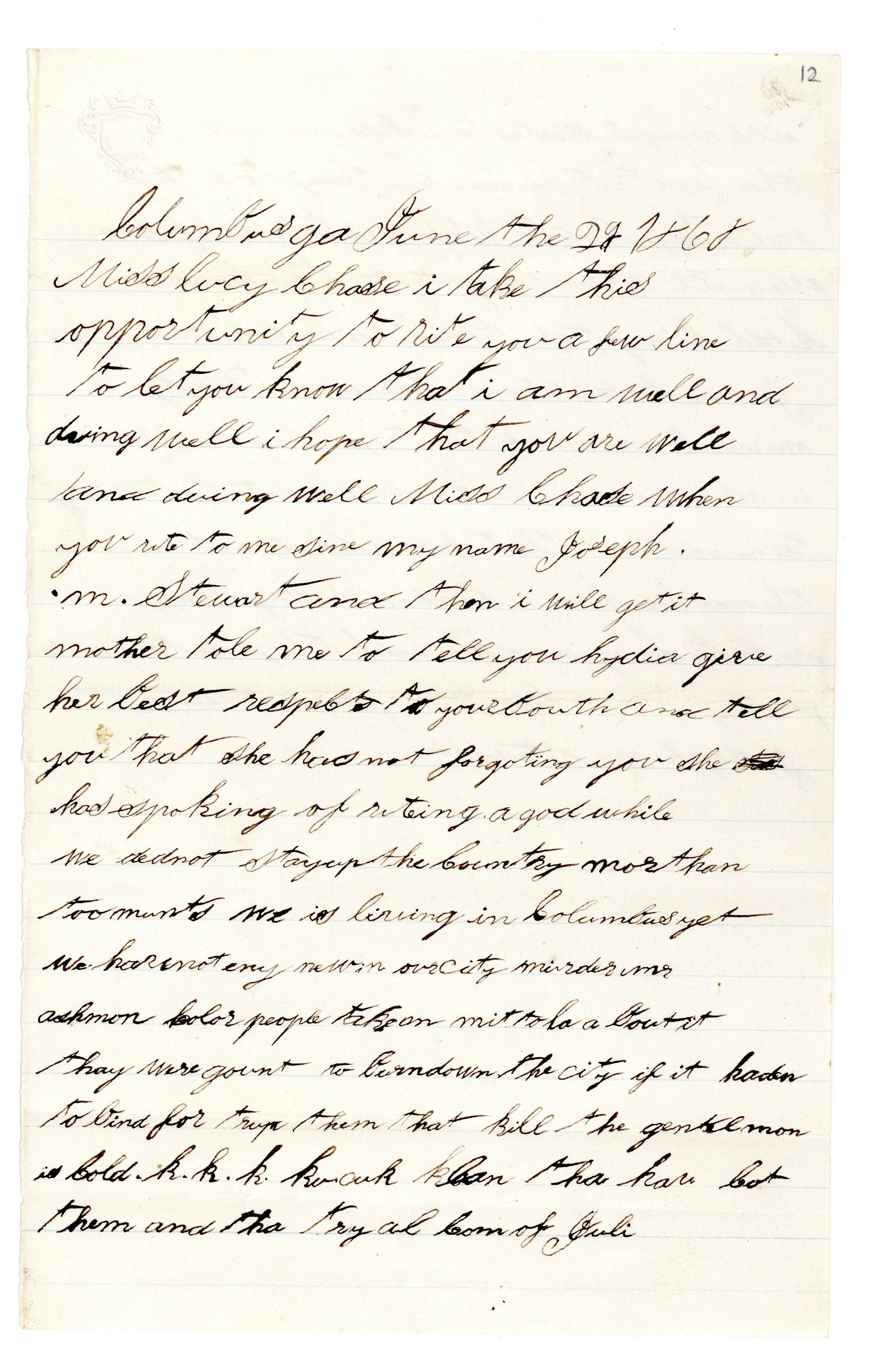 First page of Joseph M. Stewart letter, 1868