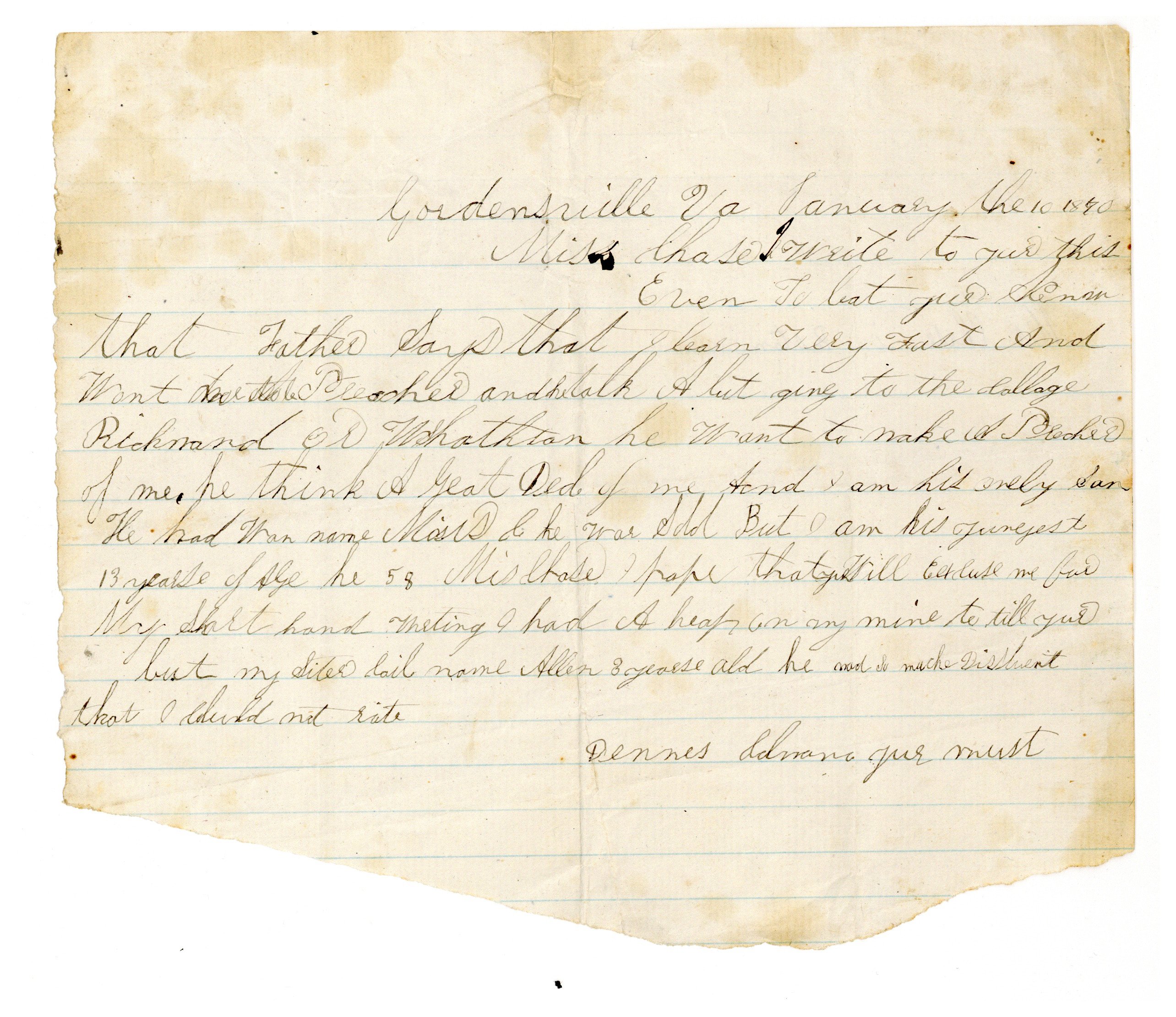 First page of letter from Dennis Adams