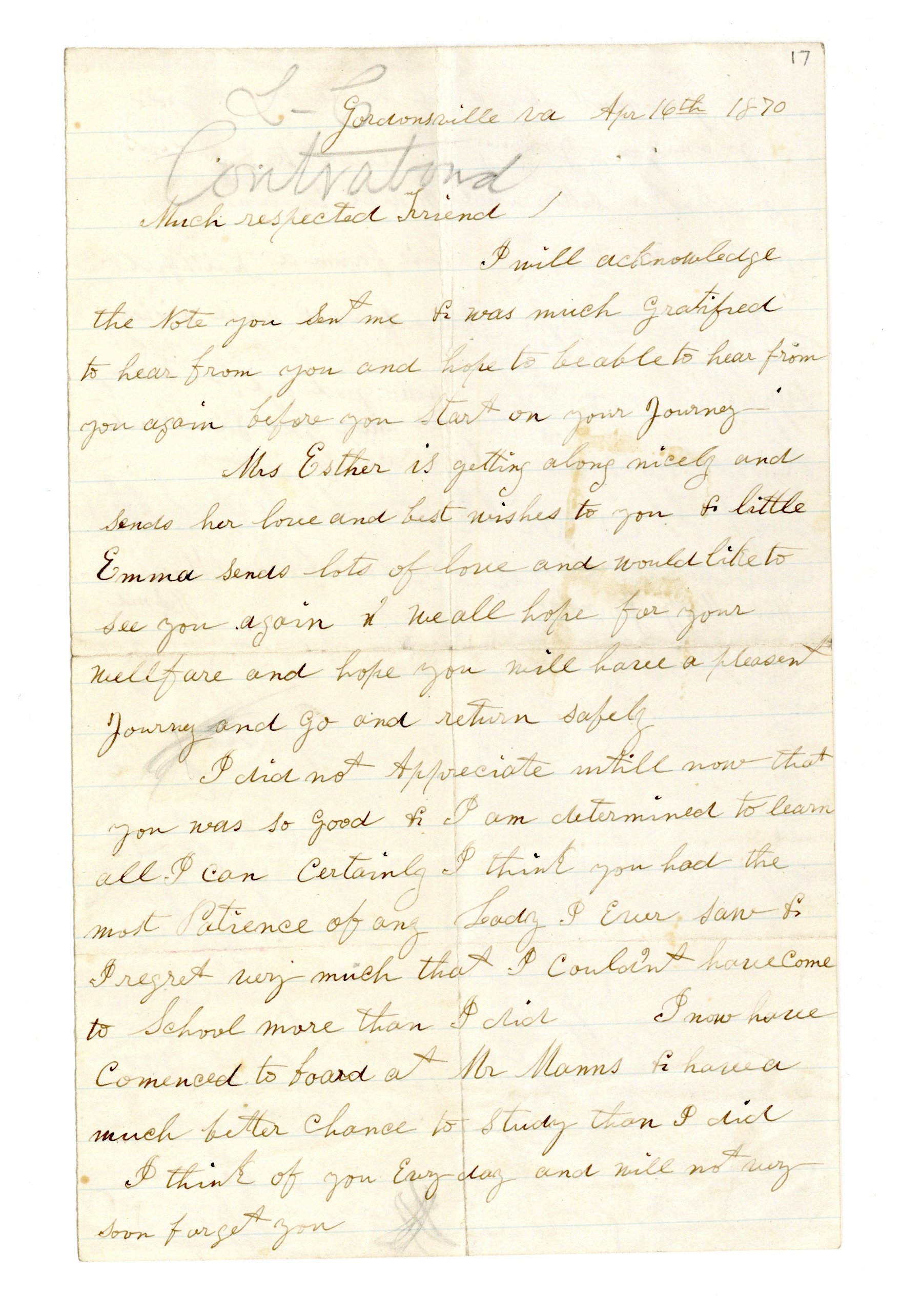 First page of letter from Moses Hume